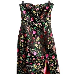 Lulus Make a Move Black Satin Floral Jacquard Strapless Midi Dress